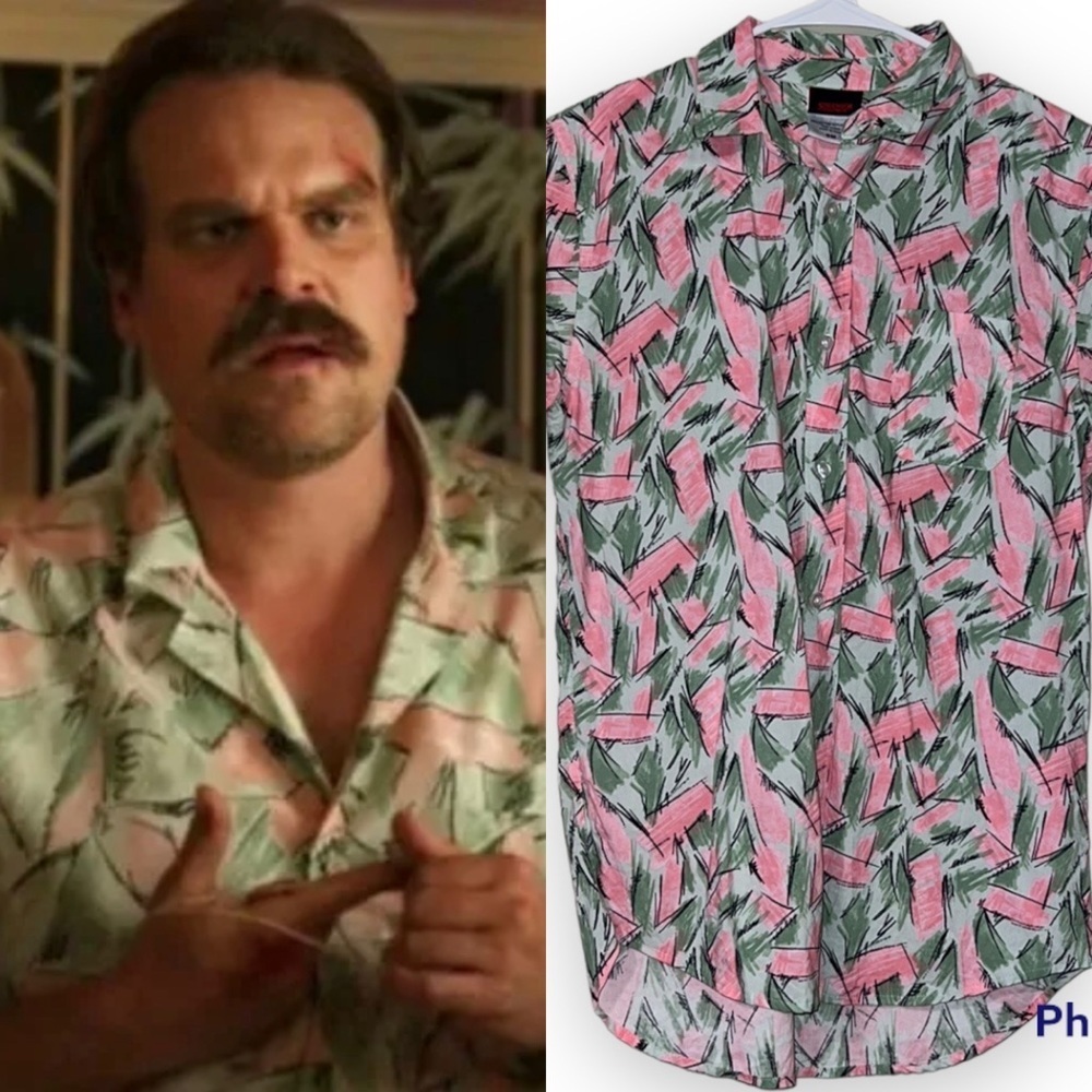 STRANGER THINGS Hopper woven button up Netflix casual Hawaiian upside down